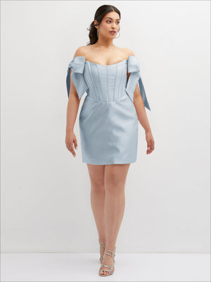 Light blue off-the-shoulder bow corset mini dress, front view with flared silhouette