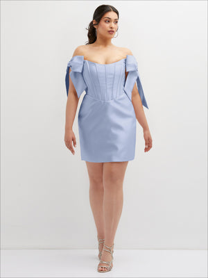 Light blue satin off-shoulder mini dress with corset seams and bow-tied shoulder straps