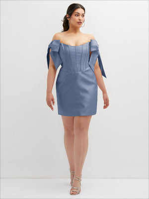 Periwinkle blue satin off-the-shoulder corset mini dress with bow-tied sleeve accents