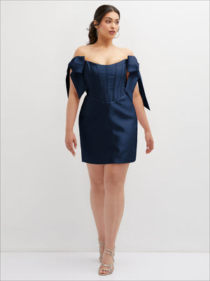 Blue satin corset mini dress with off-the-shoulder neckline and oversized bow sleeves