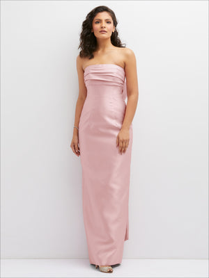 Blush pink strapless draped column dress with smooth satin finish