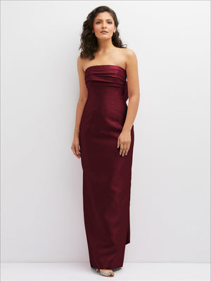 Burgundy strapless satin column dress with draped bodice and long column silhouette