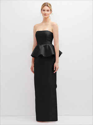 Black strapless satin maxi dress with cascade ruffle peplum and long straight hem