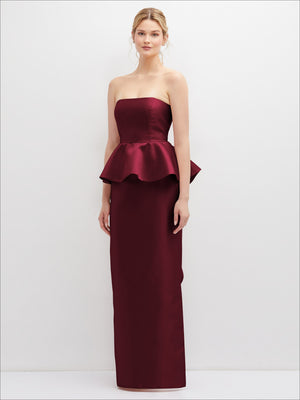 Burgundy strapless satin maxi dress with cascading peplum ruffle detail