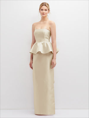 Champagne strapless satin maxi dress with peplum ruffle waist detail