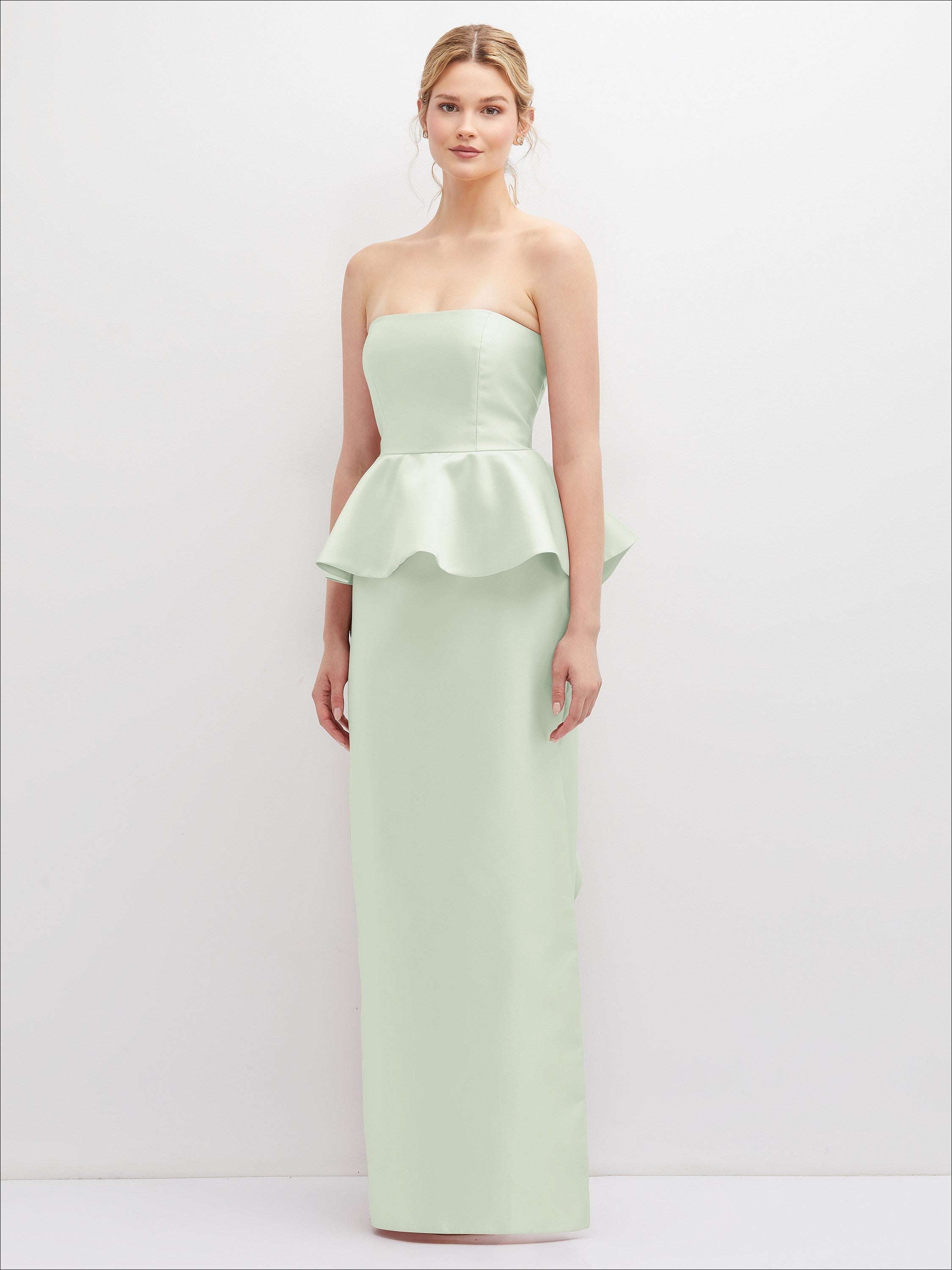 mint green peplum dress Strapless Satin Maxi with Cascade Ruffle Detail 15/12/2025