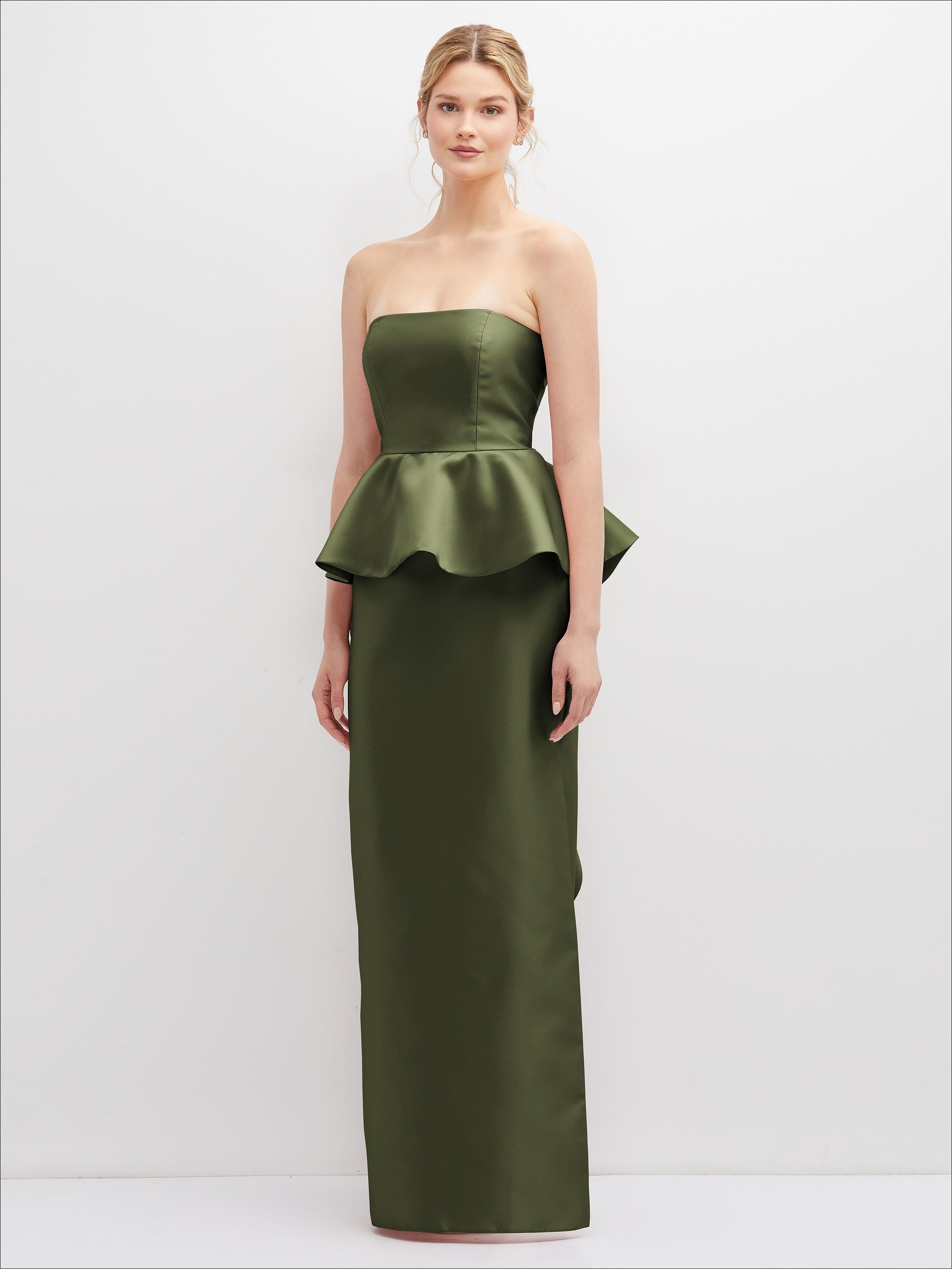 green strapless bridesmaid dresses Satin Maxi Dress with Cascade Ruffle Peplum Detail Sizes for daughter's dress:140 cm