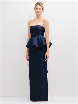 Black strapless satin maxi dress with cascade ruffle peplum and side slit