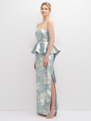 Floral Strapless Satin Maxi Dress with Cascade Ruffle Peplum Detail