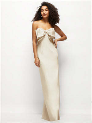 Strapless satin column maxi dress with oversized bow at bust, ivory cream color.