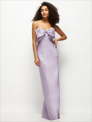 Strapless satin column maxi dress in lavender with oversized bow at bust