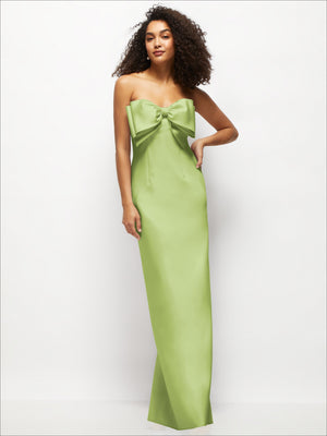 Strapless satin column maxi dress in light green with oversized bow at neckline
