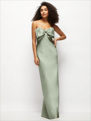 Strapless satin column maxi dress in muted light green with oversized bow at neckline