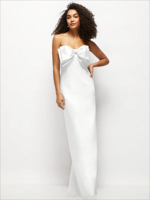 White strapless satin column maxi dress with oversized neckline bow