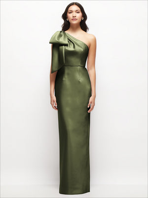 One-shoulder satin column maxi dress with oversized bow, olive green