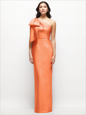 One-shoulder satin column maxi dress with oversized bow, orange