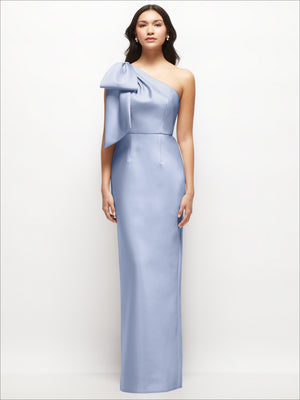 Light blue satin one-shoulder maxi dress with oversized bow detail and fitted bodice