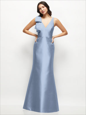 Satin trumpet dress with deep V-back and one-shoulder bow, light blue