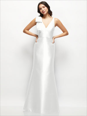 Ivory satin trumpet dress with deep V front and draped one-shoulder bow