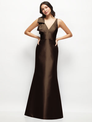 Satin trumpet dress with V neckline and one-shoulder bow detail, dark brown