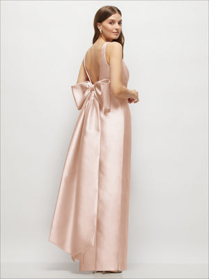 Blush satin corset maxi dress with square neckline and draped bow tails, sleeveless