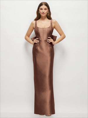 Deep cocoa brown satin corset maxi dress with scoop neckline and thin straps