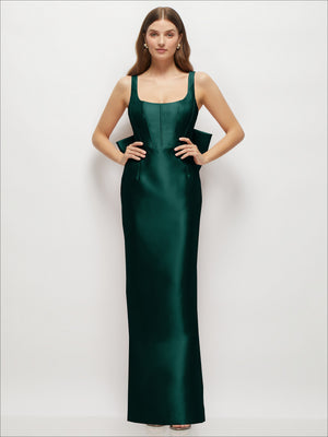 Satin corset maxi dress with scoop neck, dark green floor-length column silhouette