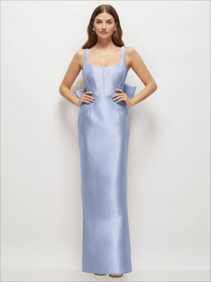 Satin corset maxi dress in light blue, square scoop neckline and slim silhouette