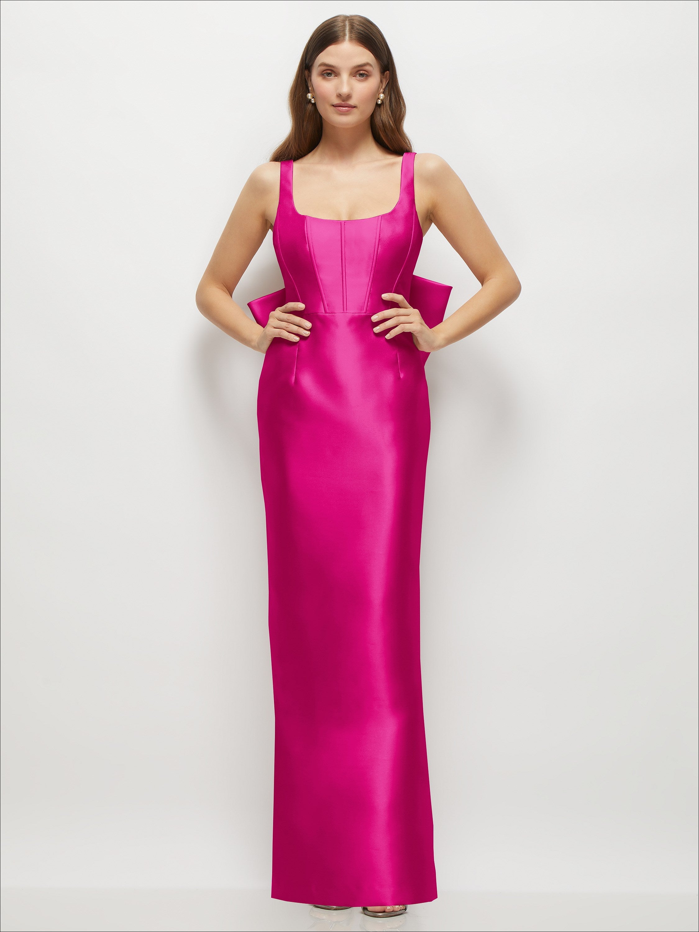 Scoop Neck Corset Satin Maxi Dress with Floor-Length Bow Tails