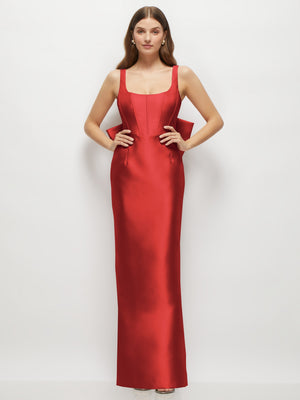 Red scoop-neck corset satin maxi dress with thin straps and fitted silhouette.