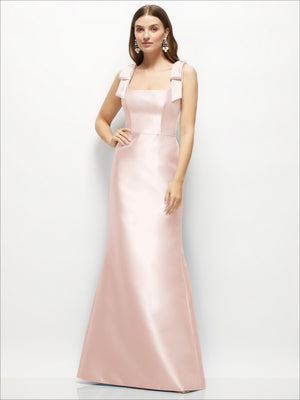 Satin fit-and-flare maxi dress in blush pink with shoulder bows, sleeveless square neckline