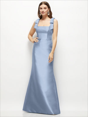 Satin fit and flare maxi dress in light blue with shoulder bows, fitted waist and full skirt