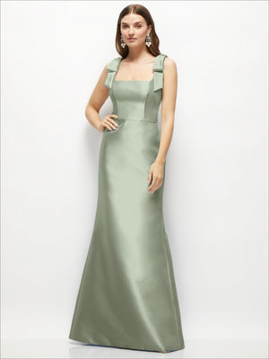 Satin fit-and-flare maxi dress with shoulder bows, muted sage green, sleeveless