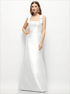 Ivory satin fit-and-flare maxi dress with square neckline and shoulder bow ties