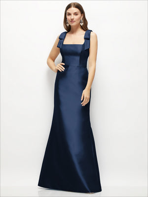 Satin fit-and-flare maxi dress with shoulder bows, dark navy front view