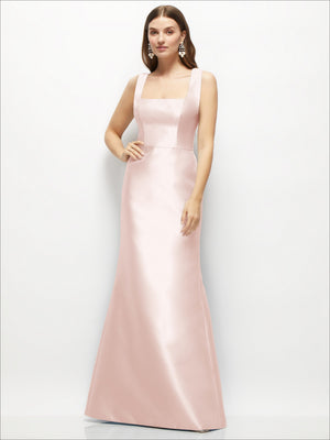 Square-neck satin maxi dress, sleeveless, blush pink fit-and-flare silhouette