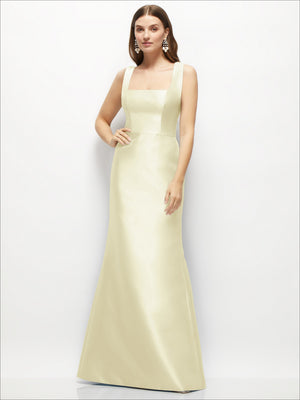 Cream satin square-neck fit-and-flare maxi dress, sleeveless with smooth skirt