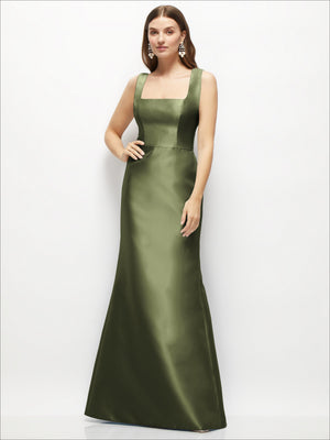 Olive green satin square-neck fit-and-flare maxi dress, sleeveless fitted bodice