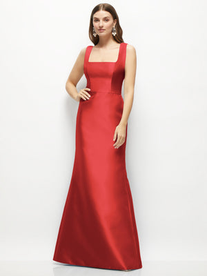Red satin square-neck fit-and-flare maxi dress with sleeveless straps