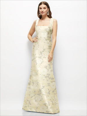 Floral satin maxi dress with square neckline, sleeveless fit-and-flare skirt