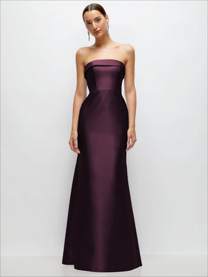 Plum satin strapless trumpet gown with cuff-style neckline and fitted bodice