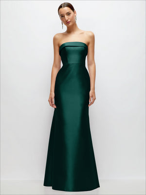 Hunter green satin strapless trumpet gown with straight neckline and flared skirt