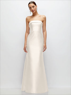 White satin strapless trumpet gown front view with banded neckline and flared skirt