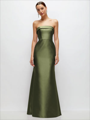 Olive satin strapless trumpet gown with straight neckline and tailored fitted bodice