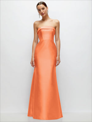 Coral orange strapless satin trumpet gown, front view with fitted bodice and flare