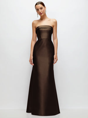 Satin strapless trumpet gown in dark brown, straight cuff neckline and fitted bodice