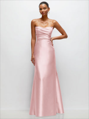 Rose pink strapless satin trumpet gown with draped bodice and smooth fitted skirt.
