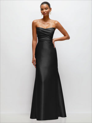 Black satin strapless dress with draped bodice and trumpet skirt