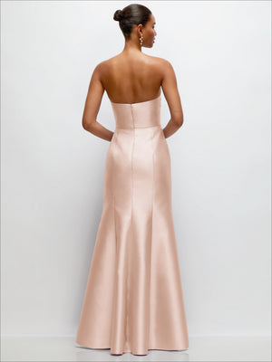 Blush satin strapless dress, open back and trumpet silhouette