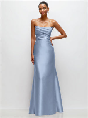 Light blue satin strapless trumpet dress with draped bodice and smooth skirt